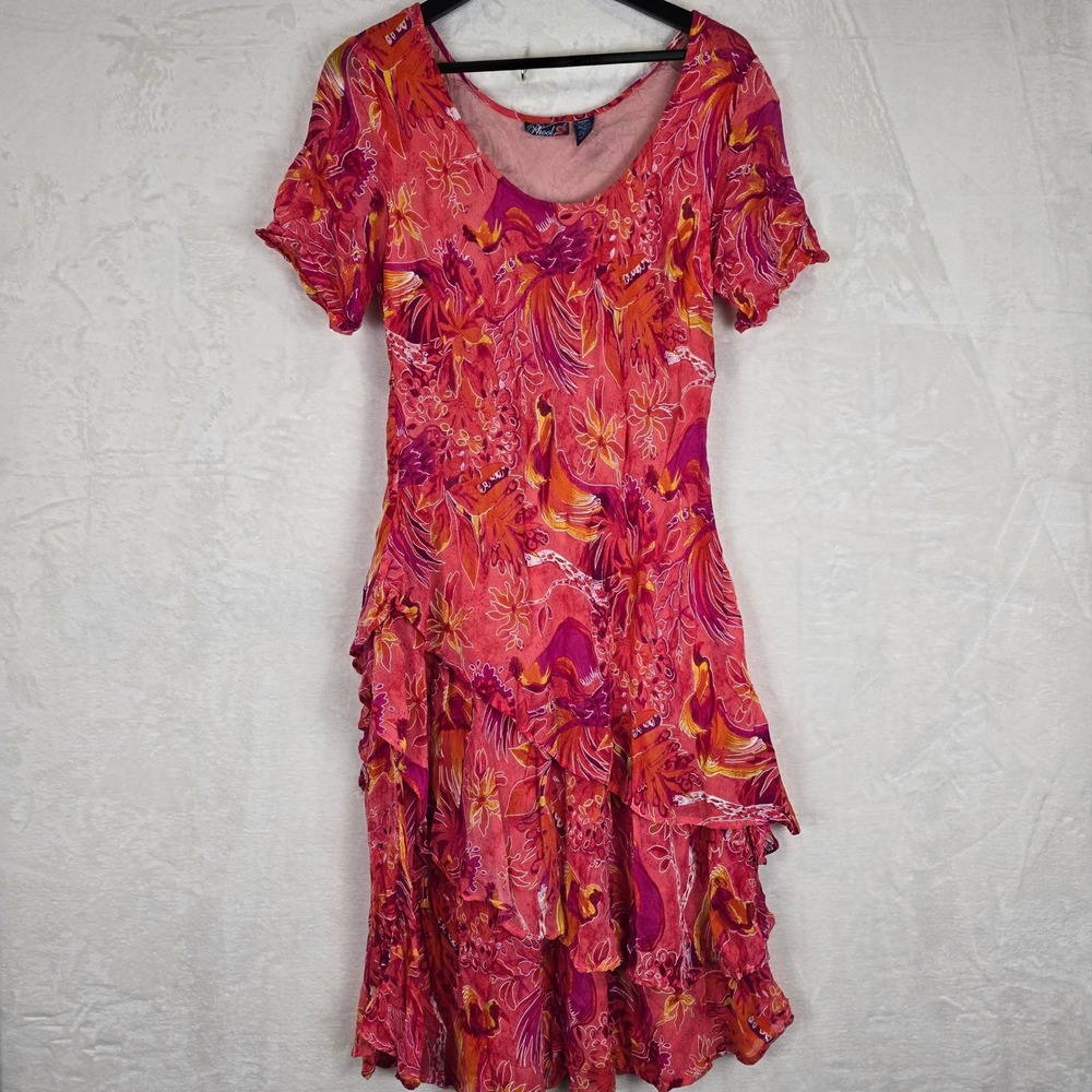 Phool Vintage 90s Pink Tropical Floral Tiered Ruffle Rayon Midi Dress Women's XL